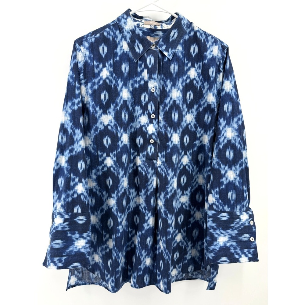 Chicos Blue Ikat Print Tunic Long Sleeve Shirt Stretch Southwest Women 2.5/14